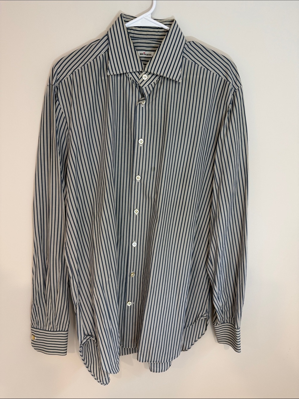 Kiton Navy and White Vertical Stripe Dress Shirt